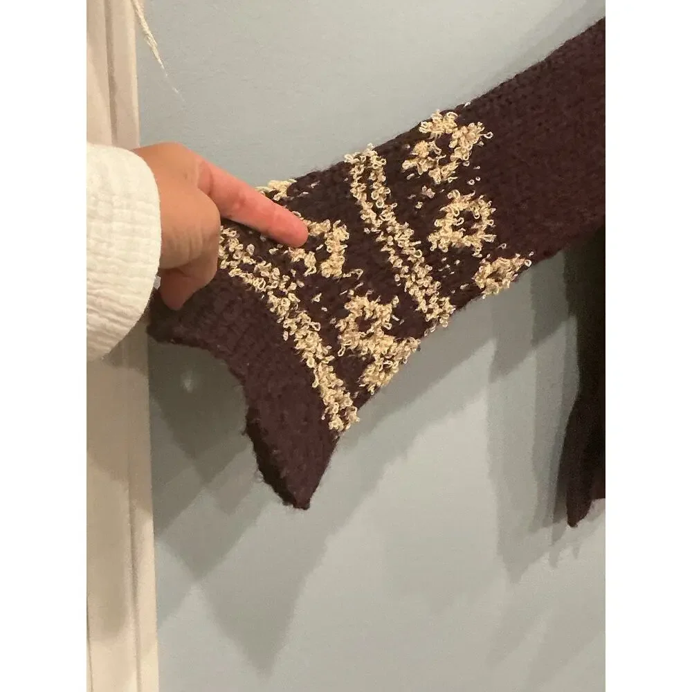Free People Fair Isle Wool Blend Sweater Burgundy Chunky Knit Oversized Boho‎ S